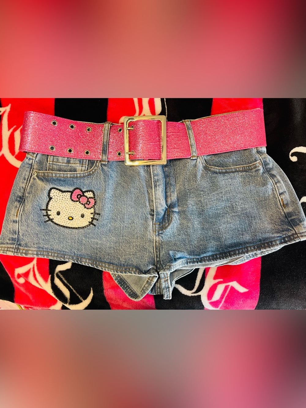 Hello Kitty Blue Denim Shorts with Pink Glitter Belt